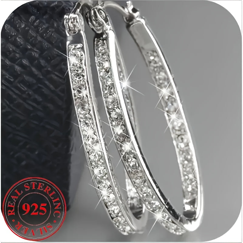 Elegant 925 Sterling Silver Large Shiny Earrings, Perfect for Weddings and Parties, Synthetic Cubic Stone