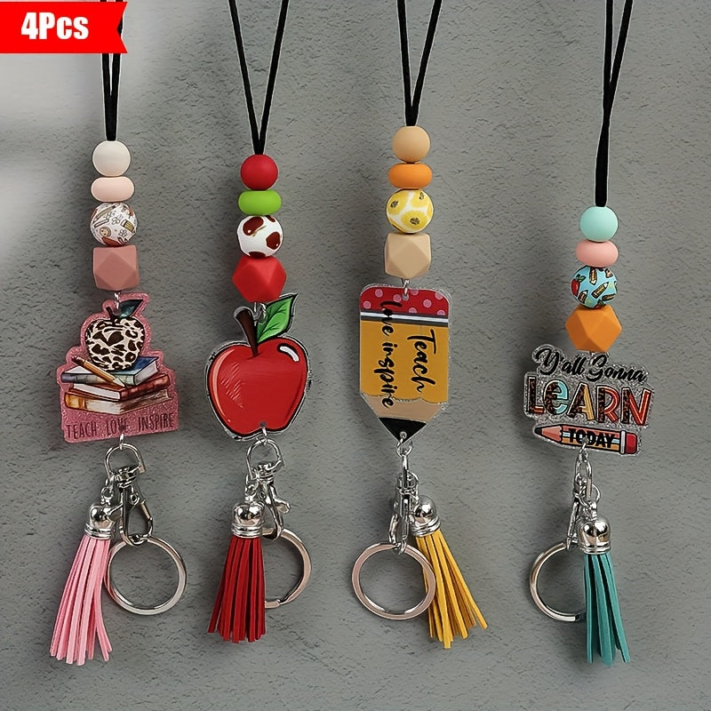 4pcs/set Apple Acrylic Neck Hanging Rope Keychain Work ID Badge Neck Hanging Rope Anti Lost Keychain Teacher'S Day Back To Graduation Season Gift