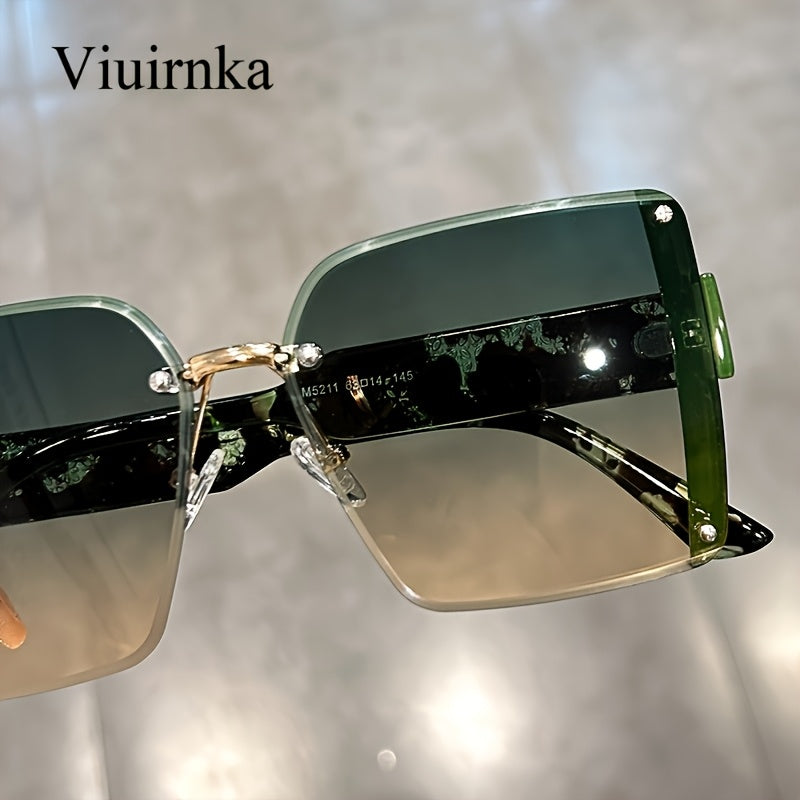 Oversized Rimless Sunglasses Women Square Frame Gradient Lenses Lightweight Unisex Summer Eyewear with Case Beach Party Halloween Christmas Gift Green Orange Black