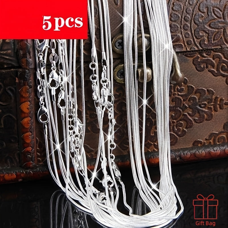 5pcs Set 925 Silver Plated Snake Chain Necklaces, 1mm Solid For Beads Chain, For Women Lady Men, Ideal Christmas Gift With A Gift Bag.