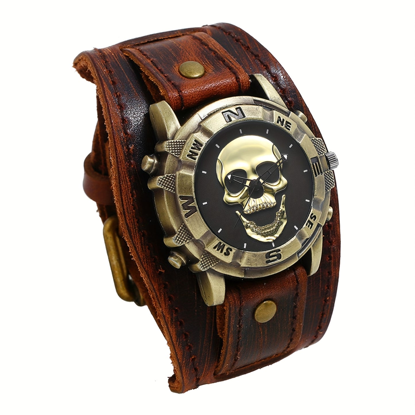 Men's Skull Watch Steampunk Analog Quartz Wristwatch - Vintage Gothic Hollow Dial Wide Leather Band Biker Watch for Halloween Party Casual Wear