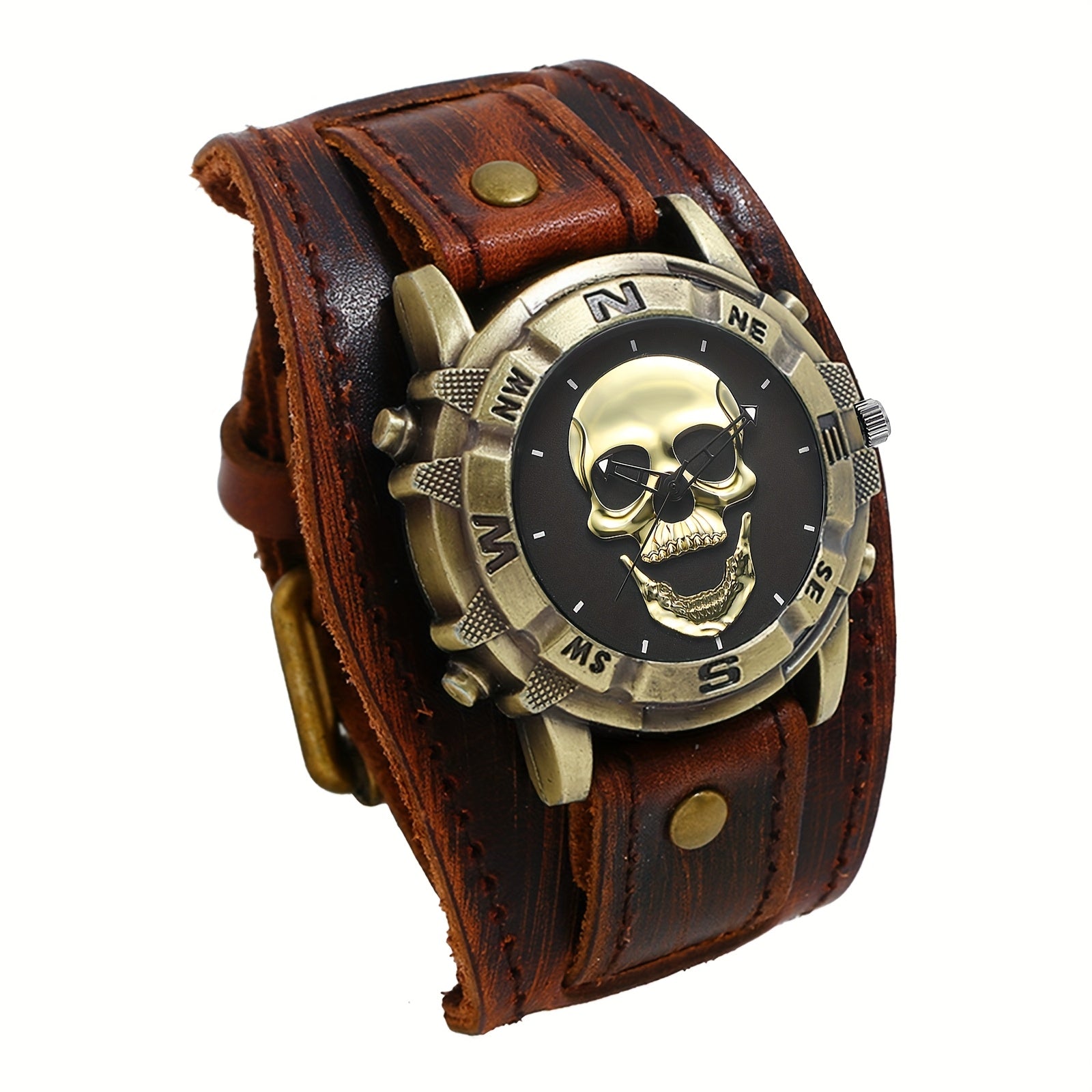 Steampunk Men's Analog Quartz Skull Watch, Vintage Halloween Biker Watch, Round Case, Wide Leather Strap, Bar Scale, Suitable for Casual, Biker Party, Halloween Party Wear, Memorial Day Christmas Birthday Gift