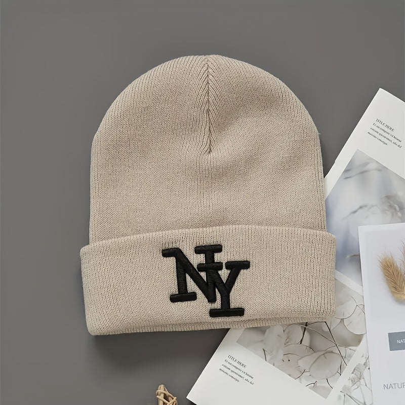 2pcs Set Of Men's And Women's Knitted Hats, Warm Brimless Hats, Acrylic Embroidered Brimless Hats, Winter Hats, Neutral And Fashionable Knitted Flanged Hats