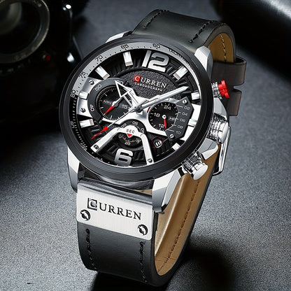 CURREN Watch Men Business Chronograph Faux Leather Strap Analog Quartz Date Stopwatch Wristwatch Blue Black Gold Rose Gold Brown Multi-Color
