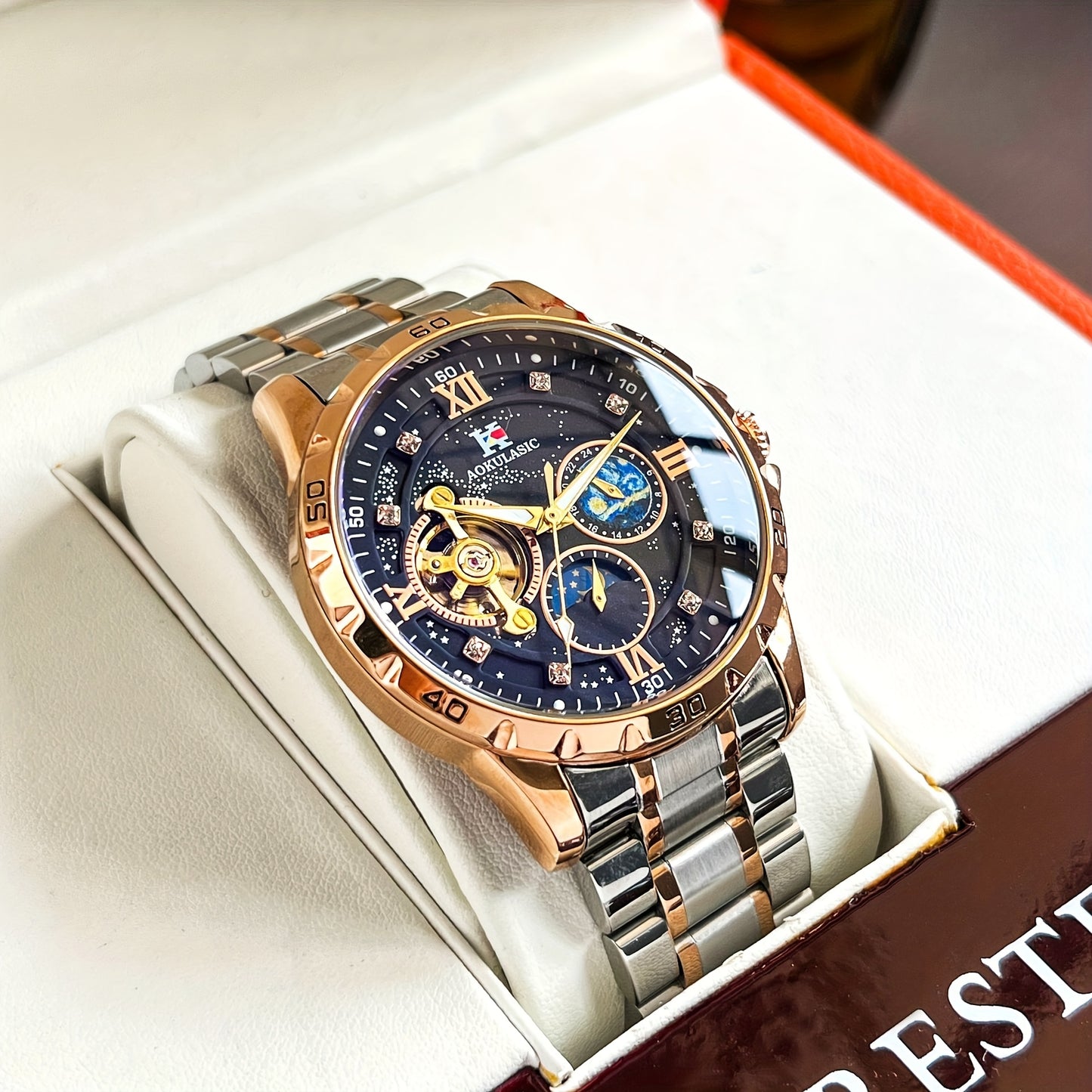 Automatic Mechanical Watch Men Tourbillon Skeleton Rose Gold Stainless Steel – Starry Sky Luminous Dial Iced Out Business Casual Wristwatch Gift Box