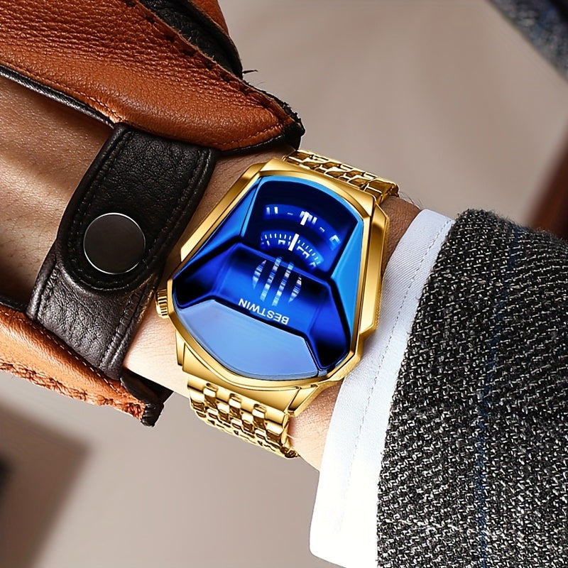 Men's Quartz Watch Blue Rhinestone Dial Steel Band Business Dress Watch for Men Fashion Analog Wristwatch Gift