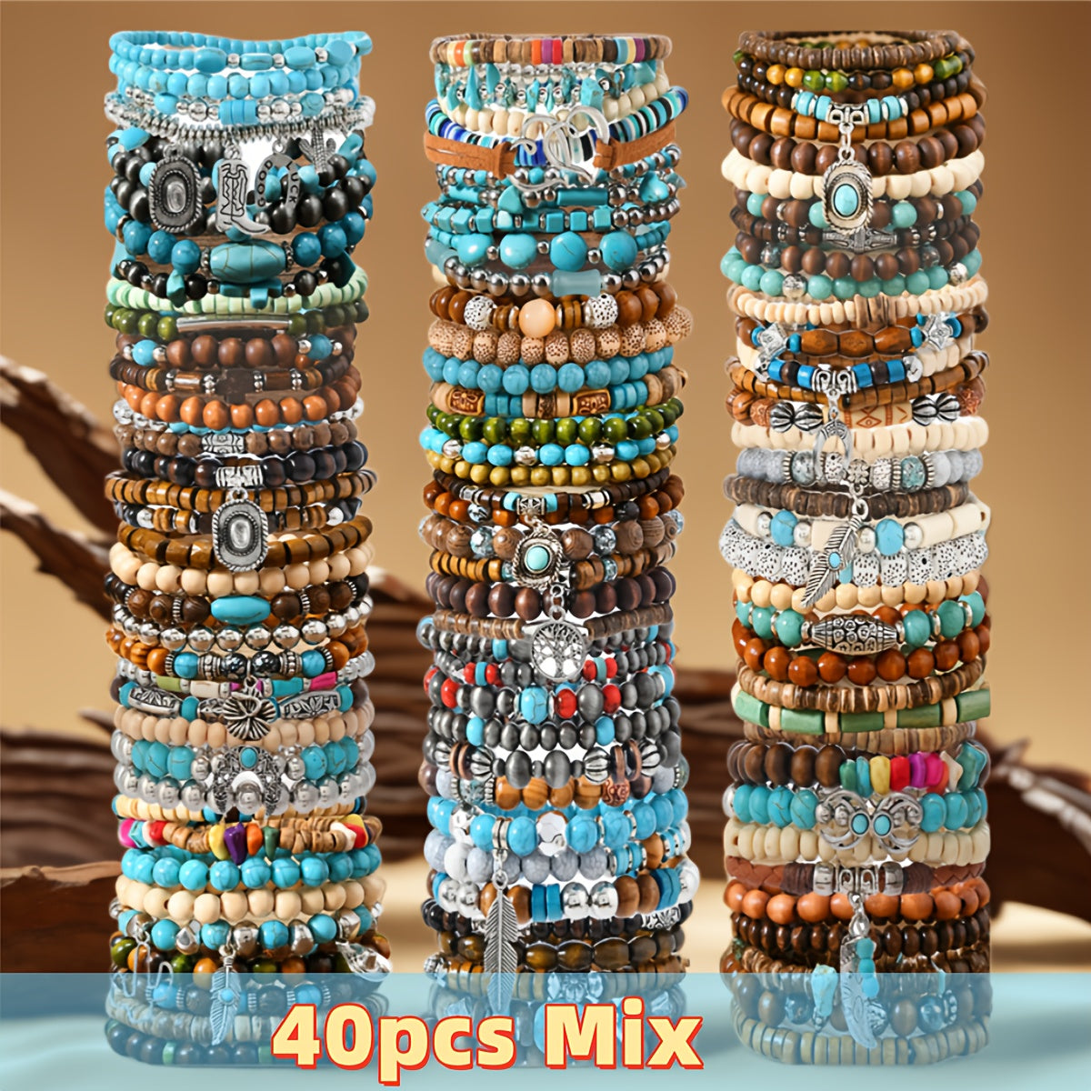 40pcs Vintage Western Styles Wooden Bead Bracelets Set for Women - Multi-Layer Assorted Colors Bracelet, Feather, Heart, Tree Charms, Summer Casual Style Daily Wear Jewelry, Ideal Holiday Gift