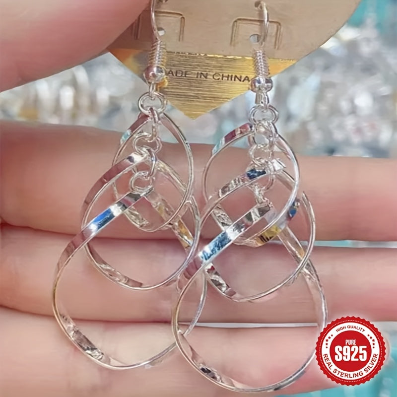 [Parties, Holidays] S925 Sterling Silver Boho-Inspired Teardrop Dangle Earrings - Twisted Wave Design, Double Layer, Perfect for Daily Wear, Parties, And Holidays, Everyday Earrings|Teardrop Dangle Earrings|Sterling Silver Earrings