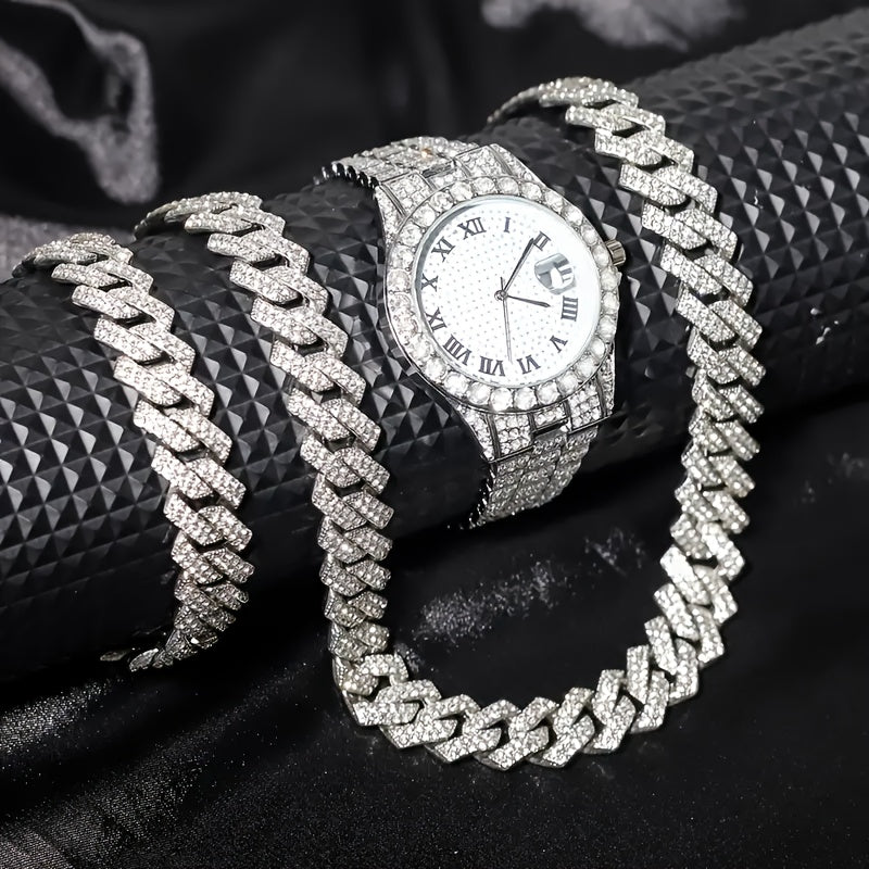 3pcs/5pcs, A Fashionable Hip-hop Watch Set with Waterfall Chain Bracelet And Necklace - Sparkling Water Droplets, Classic Design, Suitable for Men's Wear