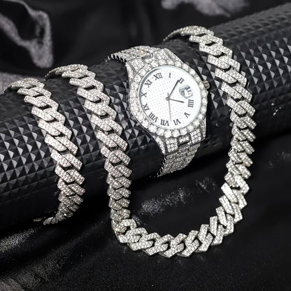 Men's Hip-Hop Watch & Waterfall Chain Jewelry Set – Sparkling Bracelet & Necklace Combo, 3pcs or 5pcs Bundle in Gold & Silver for Men