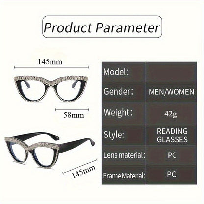 Cat Eye Reading Glasses Blue Light Blocking 2 Pack Women Rhinestone Decor Fashion Readers PC Frame Multiple Strengths Home Office Party Gift for Mom Girlfriend