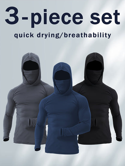 3pcs Men's UPF Hooded Sweatshirts with Mask Quick Dry Breathable Outdoor Hoodies – main product image