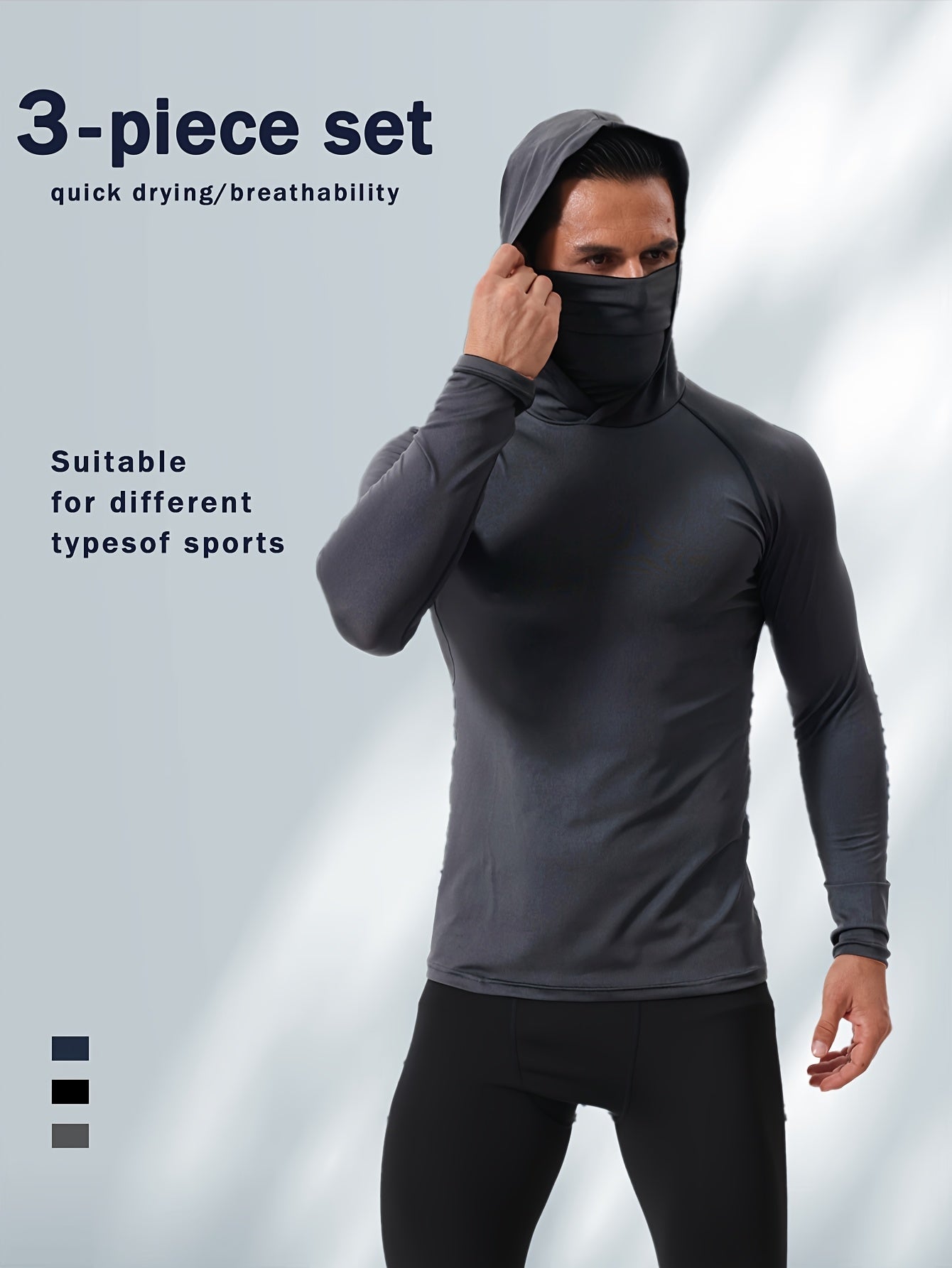 3pcs Men's UPF Hooded Sweatshirts with Mask Quick Dry Breathable Outdoor Hoodies – view 3