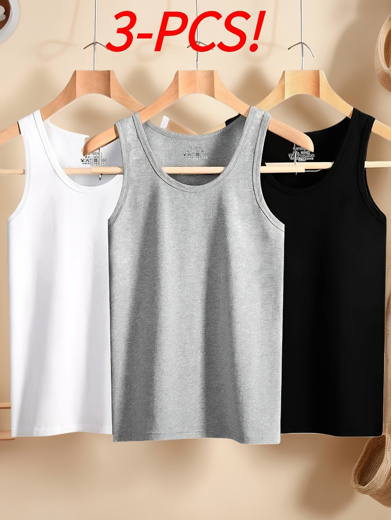 3pcs Simple Tops Pure Cotton Men's Vests And Tops Include Black White And Gray – view 7