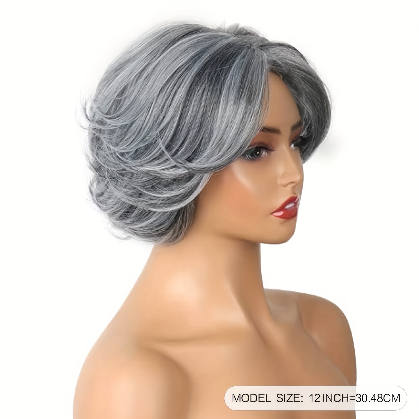 12 Inch Grey Layered Bob Wig for Women Short Bob Wig with Curtain Bangs Pixie Cut Curly Wig Synthetic Wavy Wig Daily Party Cosplay Wig