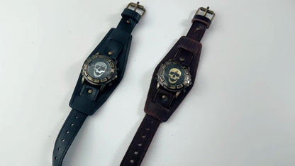 Men's Skull Watch Steampunk Analog Quartz Wristwatch - Vintage Gothic Hollow Dial Wide Leather Band Biker Watch for Halloween Party Casual Wear