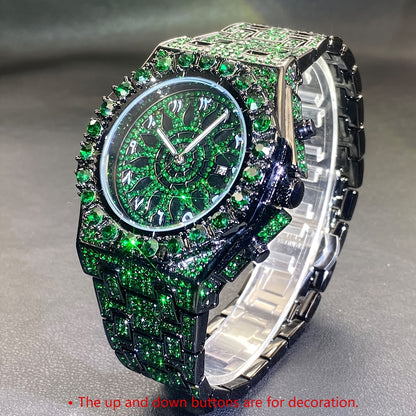 Men's Big Face Hip Hop Watch - Rhinestone Iced Out Dial, Glow-in-the-Dark Hands, Calendar Function, Bold Statement Wristwatch for Social Events & Luxury Gift