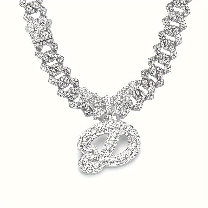 Cuban Link Chain Necklace - Initial Letter for Men Women - with Butterfly Alphabet Pendant A-Z, Gold & - product detail view