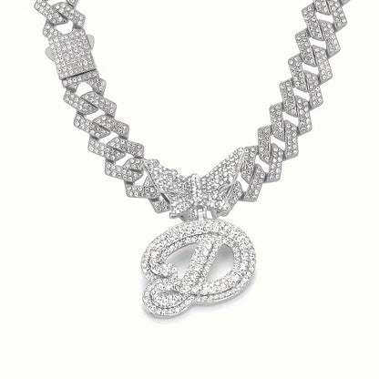 Cuban Link Chain Necklace - Initial Letter for Men Women - with Butterfly Alphabet Pendant A-Z, Gold & - product detail view