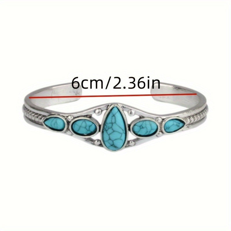 925 Pure Silvery 2pcs/ Set Bohemian Style Retro Turquoise Carved Hollow Geometric Bracelet with Adjustable Opening
