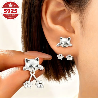 Cat Paw Dangle Earrings S925 Sterling Silver Cute Creative Design Hypoallergenic Women Girls Daily Wear Christmas Gift Jewelry