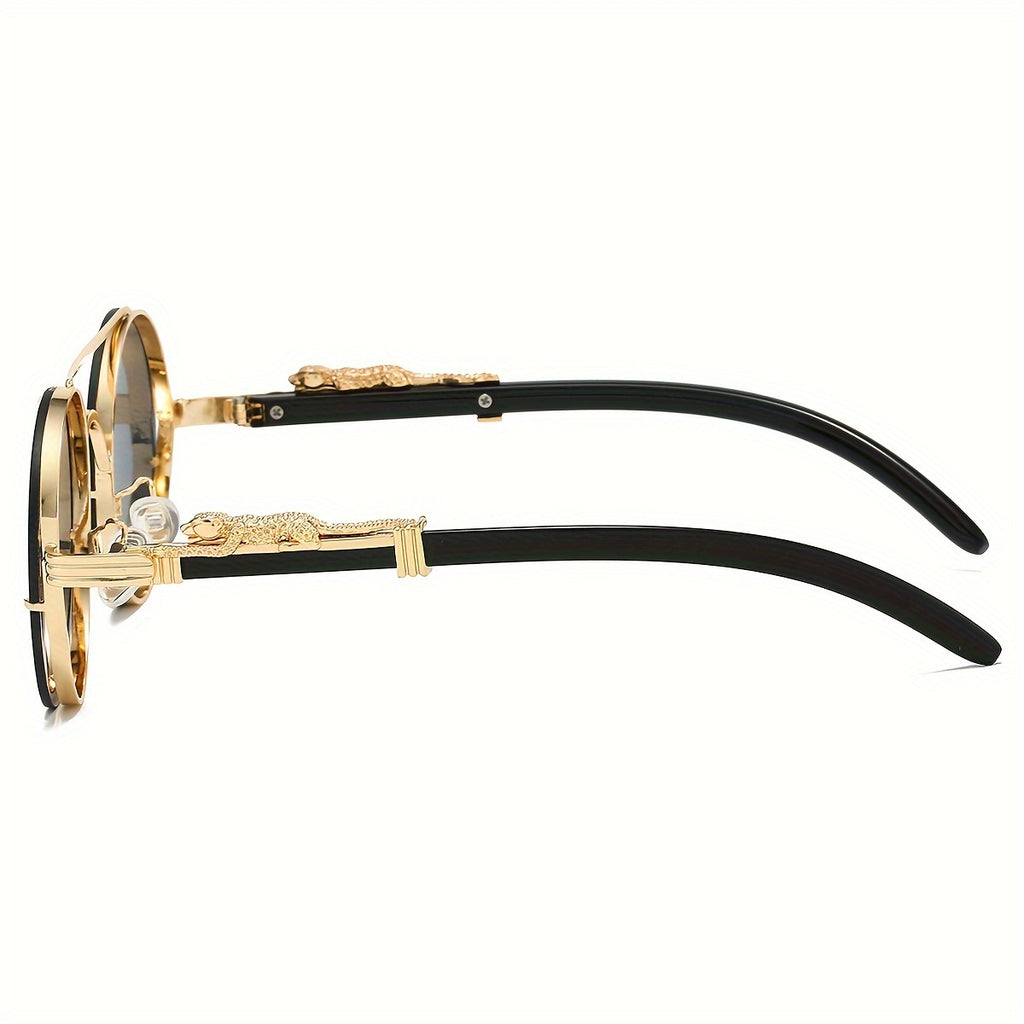 Fashionable Round Metal Frame Glasses with Gradient PC Lenses - Luxury Double Bridge Design, Leopard Detail Hinges, Stylish And Chic for Both Men And Women, Perfect for Vacation, Street Photography, And Includes Protection Case, As a Unique Gift