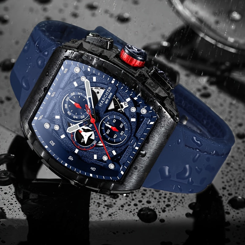 Chronograph Watch for Men Luxury Tonneau Sport Quartz Wristwatch Luminous Waterproof Racing Silicone Band 3ATM Multi-Function Fashion Watch