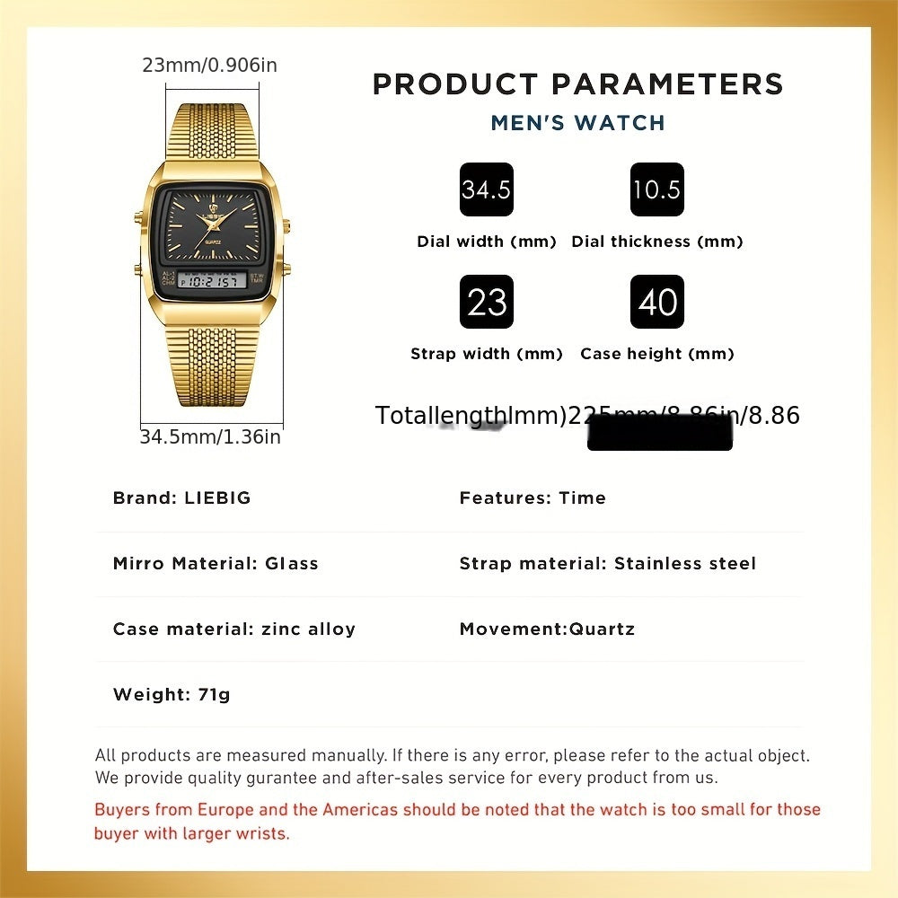 LIEBIG Dual-Display Quartz Watch for Men Women — Luxury Business Wristwatch with Digital Analog Display, Elegant Gift Box, Golden & Black Dial