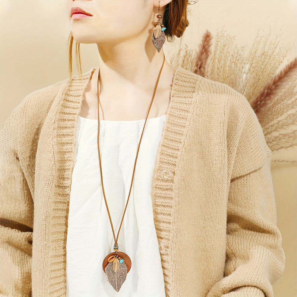 Boho Leaf Pendant Necklace & Earrings Set 3pcs for Women - Vintage Style Bohemian Jewelry Set, Versatile All-Season Accessories for Daily Wear, Vacation & Gifting