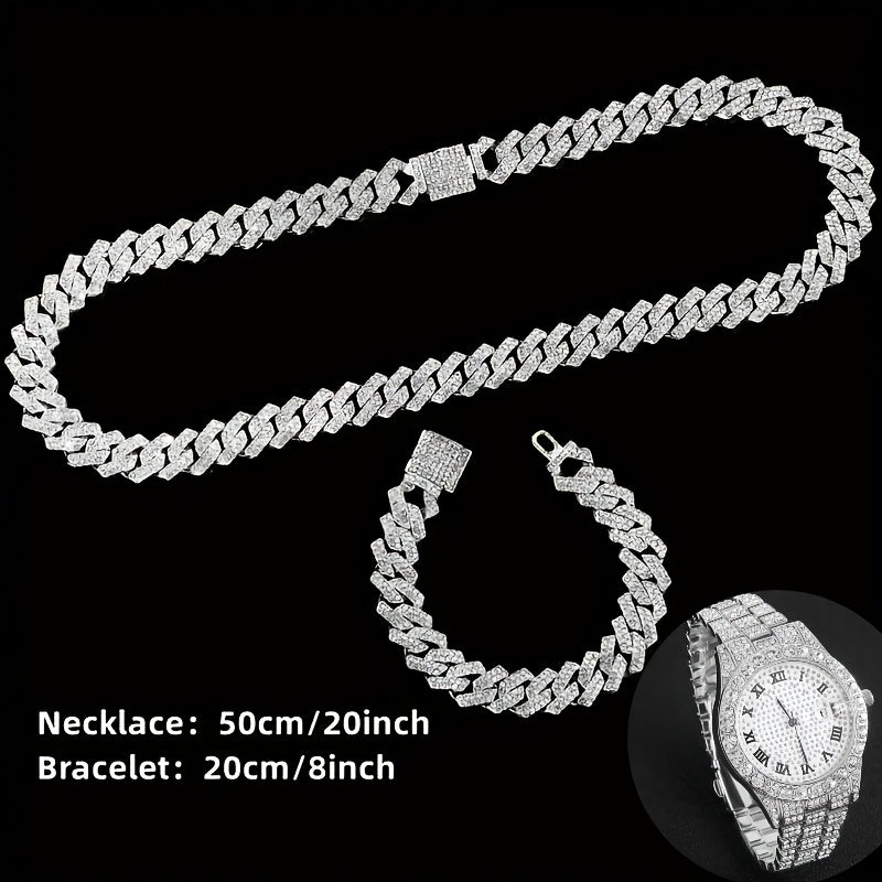 3pcs/5pcs, A Fashionable Hip-hop Watch Set with Waterfall Chain Bracelet And Necklace - Sparkling Water Droplets, Classic Design, Suitable for Men's Wear