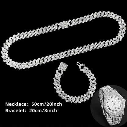 Men's Hip-Hop Watch & Waterfall Chain Jewelry Set – Sparkling Bracelet & Necklace Combo, 3pcs or 5pcs Bundle in Gold & Silver for Men