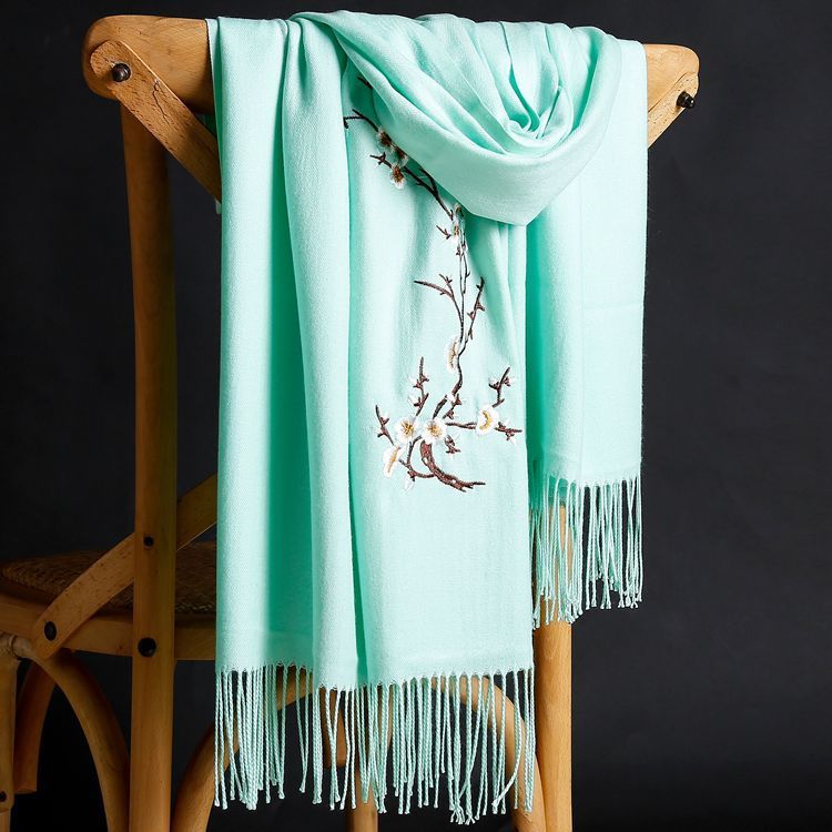 Autumn Winter Imitation Cashmere Embroidered Scarf | Ethnic Style Tassel Shawl, New Cold-Proof Warm Solid Color Women'S Neck Warmer, Vintage Craftsmanship, Hand Wash or Professional Dry Clean