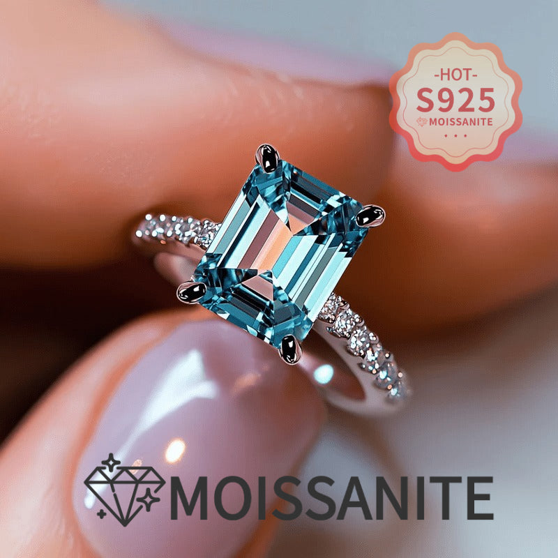 An S925 Silver Fashion Women's Elegant Promise Ring Set with Shiny Square Blue Moissanite, Perfect for Women's EngaSynthetic Gemstoneent And Wedding Rings, Luxurious Bridal Jewelry, A Symbol Of Elegance And Nobility with Certificate