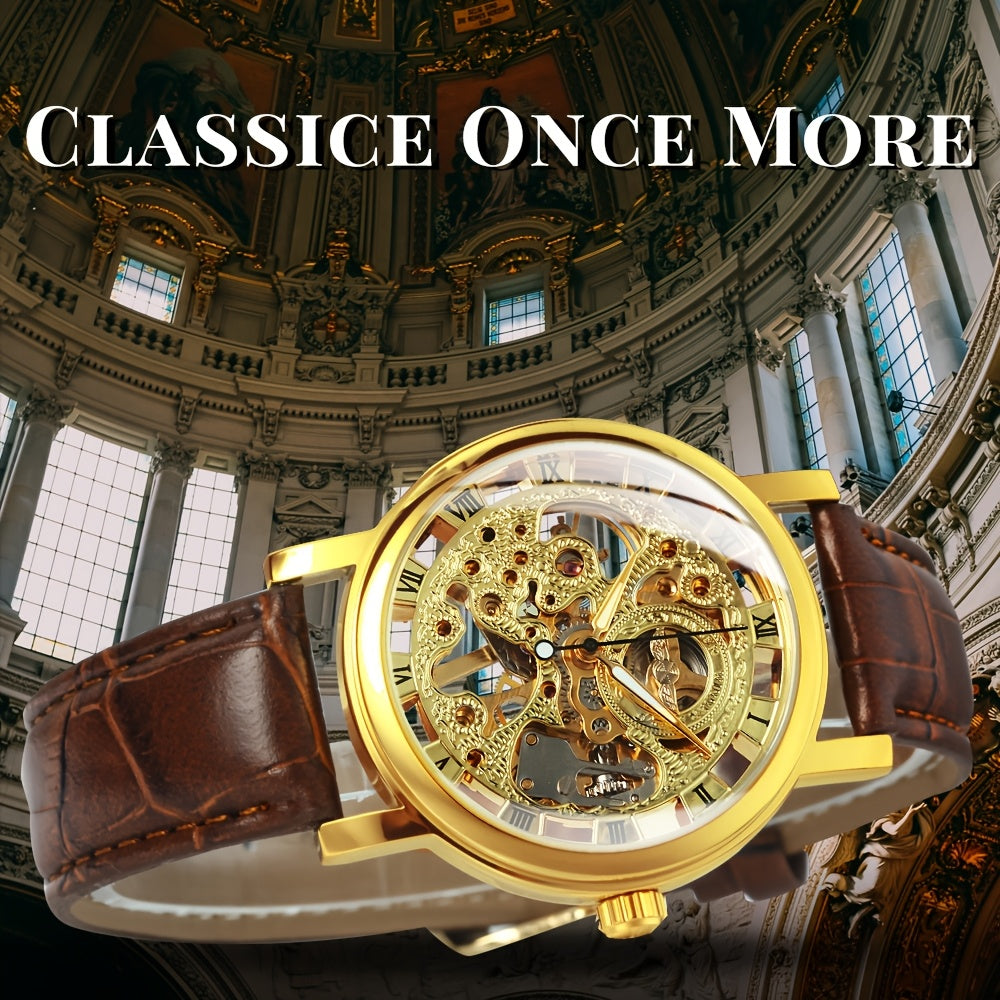 Skeleton Mechanical Watch for Men Hand Wind Gold Luxury Open Dial 38mm Stainless Steel Case Luminous Hands Retro Business Casual Wristwatch, No Battery Needed
