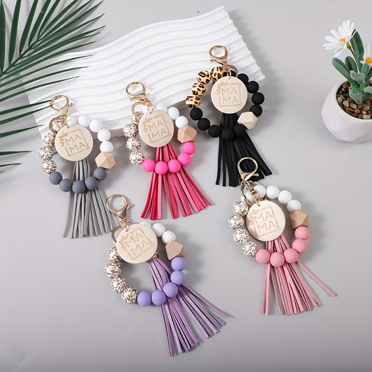MAMA Keychain Set 5 Pcs - Leopard Print Wooden Bead Wrist Keyring with PU Tassel & Round Wood Pendant, Boho Mom Keychain Bag Charm, Mother's Day Gift for Mom Women