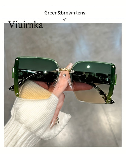 Oversized Rimless Sunglasses Women Square Frame Gradient Lenses Lightweight Unisex Summer Eyewear with Case Beach Party Halloween Christmas Gift Green Orange Black