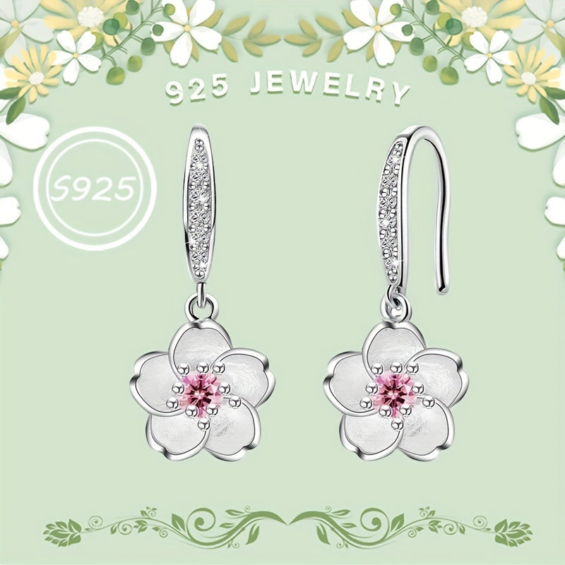 Cherry Blossom Flower Earrings for Women - 925 Sterling Silver Pink Zirconia Peach Blossom Pendant Drop Earrings, Romantic Floral Dangle Earrings for Daily Wear & Special Occasions