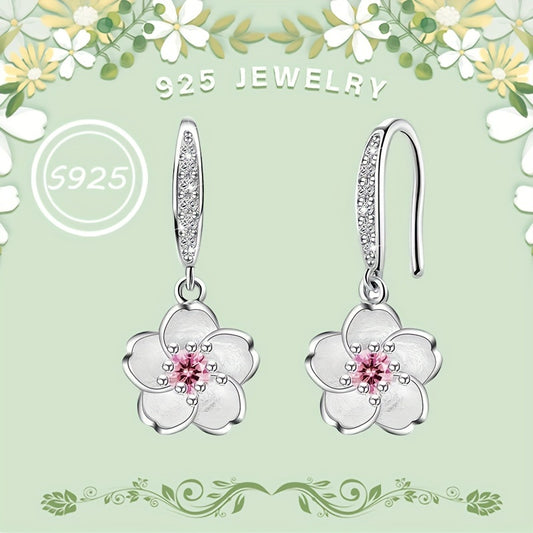 Cherry Blossom Flower Earrings for Women - 925 Sterling Silver Pink Zirconia Peach Blossom Pendant Drop Earrings, Romantic Floral Dangle Earrings for Daily Wear & Special Occasions