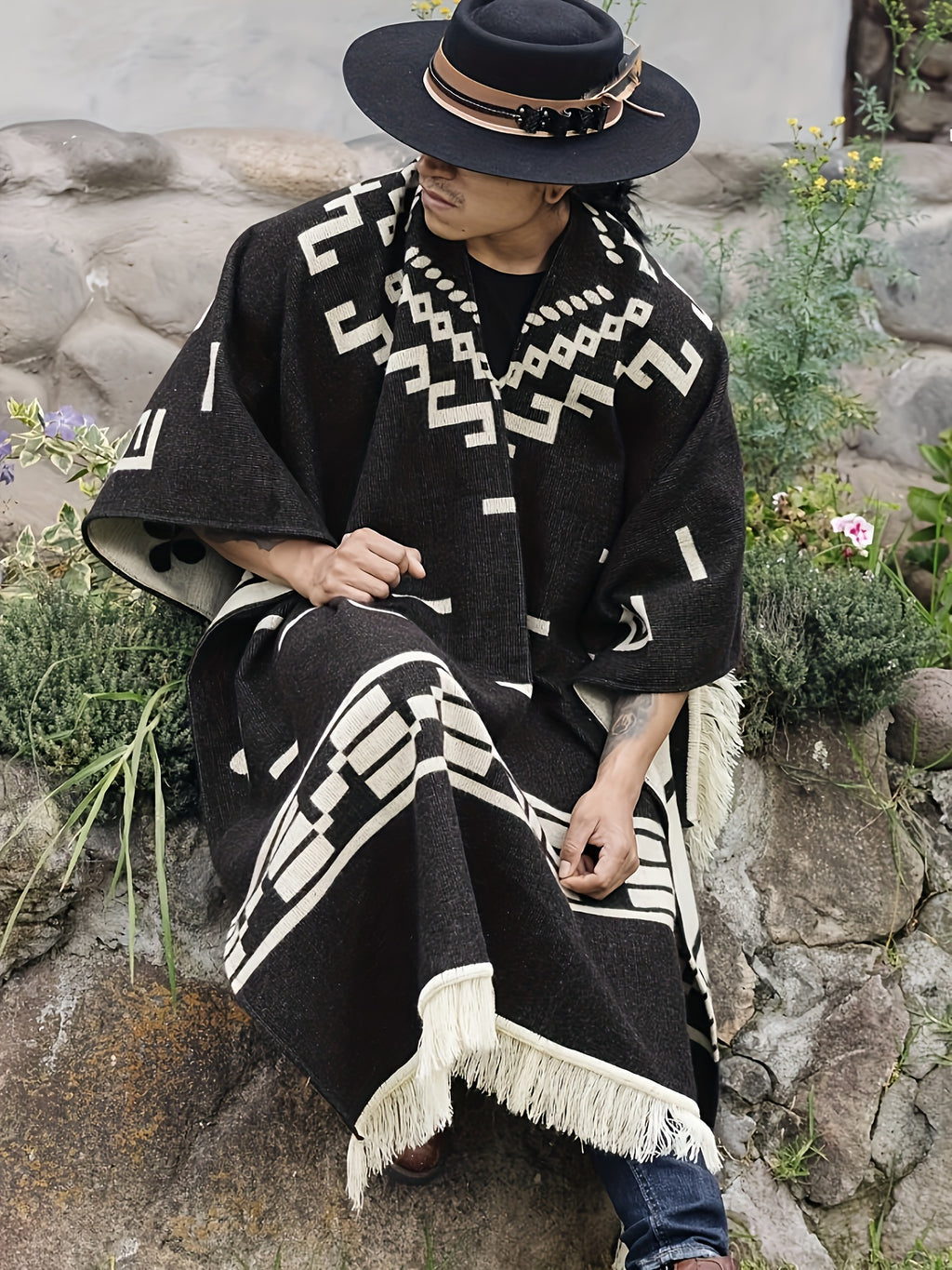 Men's Vintage-Style Warm Poncho - Geometric Pattern, Tassel Detail, Cozy Acrylic Shawl for Outdoor Adventures