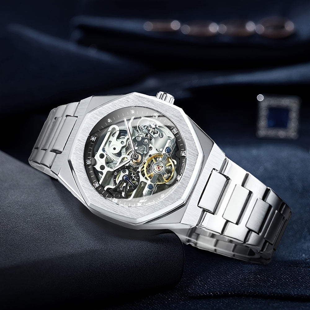 1pc FORSINING Men's Luxury Mechanical Watch - Skeleton Tourbillon, Luminous Hands, Stainless Steel Band, Irregular Case, Fashion Casual Style, Ideal for Christmas, Father's Day Gift, Luxury Business Watch | Automatic Watch | Without Battery