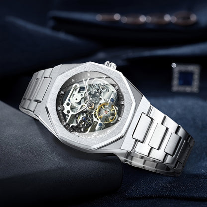 FORSINING Skeleton Tourbillon Automatic Mechanical Watch for Men – Luminous Hands, Stainless Steel Band, Irregular Case, Luxury Business Gift
