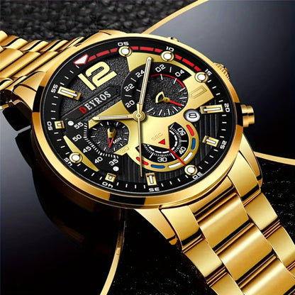 Men's Watch Set 4pcs - Quartz Analog Wristwatch with Date Display, Alloy Case & Strap, Glamorous Round Dial, Casual Fashion Watch Bundle Gift for Men, Christmas Valentine Birthday
