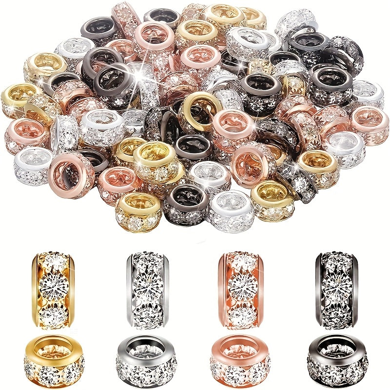40pcs Golden & Silvery Large Hole Rondelle Beads DIY 10mm Rhinestones Spacer Beads, Large Hole Rondelle Beads for DIY Jewelry Making - Charm Bracelet & Necklace Craft Supplies