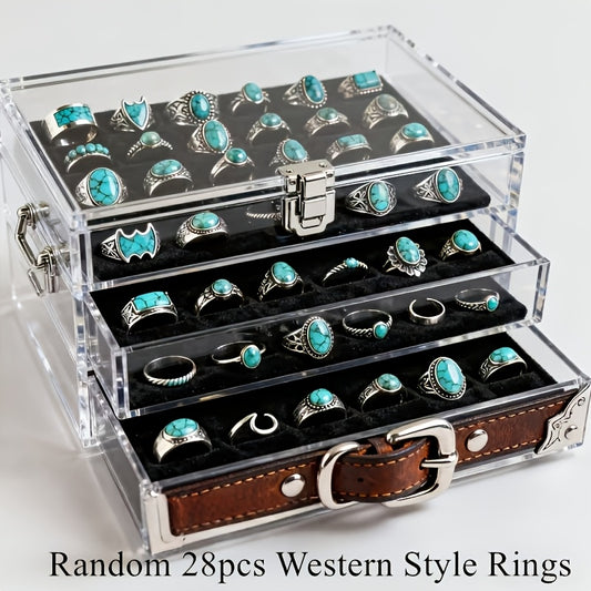 [Holiday Parties, Festive Gifts] Random Selection of 28 Vintage Bohemian Ring Sets, Turquoise Ring Sets, Stackable Ring Sets Featuring Geometric Heart And Butterfly Designs. Suitable for Ladies' Everyday Wear, Holiday Parties, And Festive Gifts
