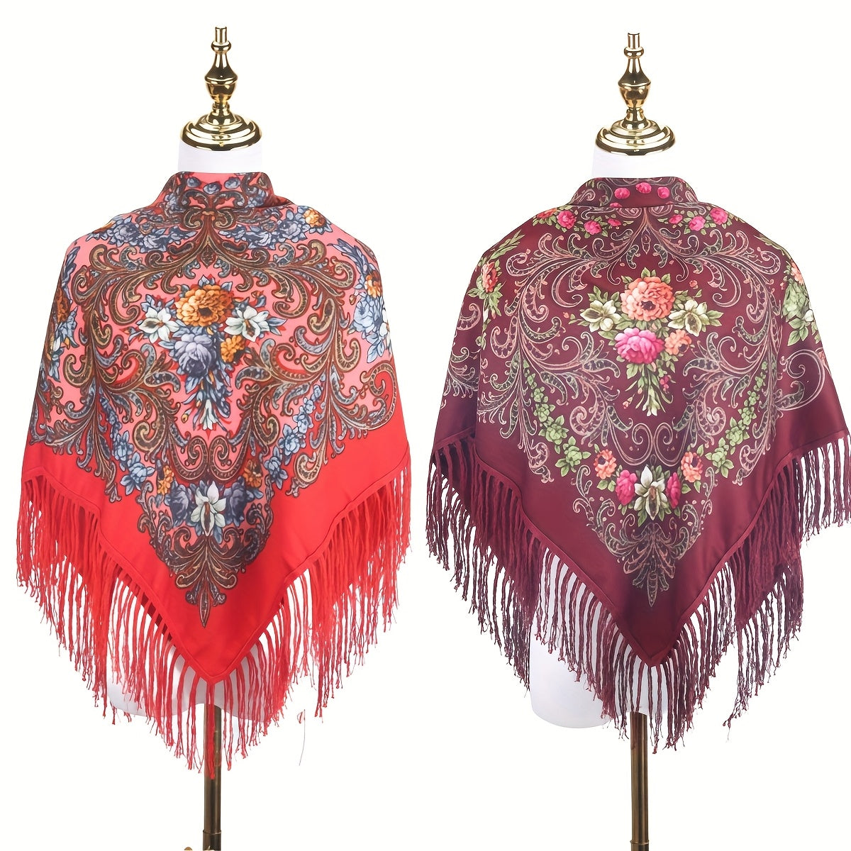 Set of 2 Tassel Shawls Featuring a Vintage Floral Design, Perfect for The Autumn-Winter Season. These Fringed Scarves Provide Warmth And Protection from The Wind, Ideal for Themed Parties And Costume Events. Great Clothing Options for You