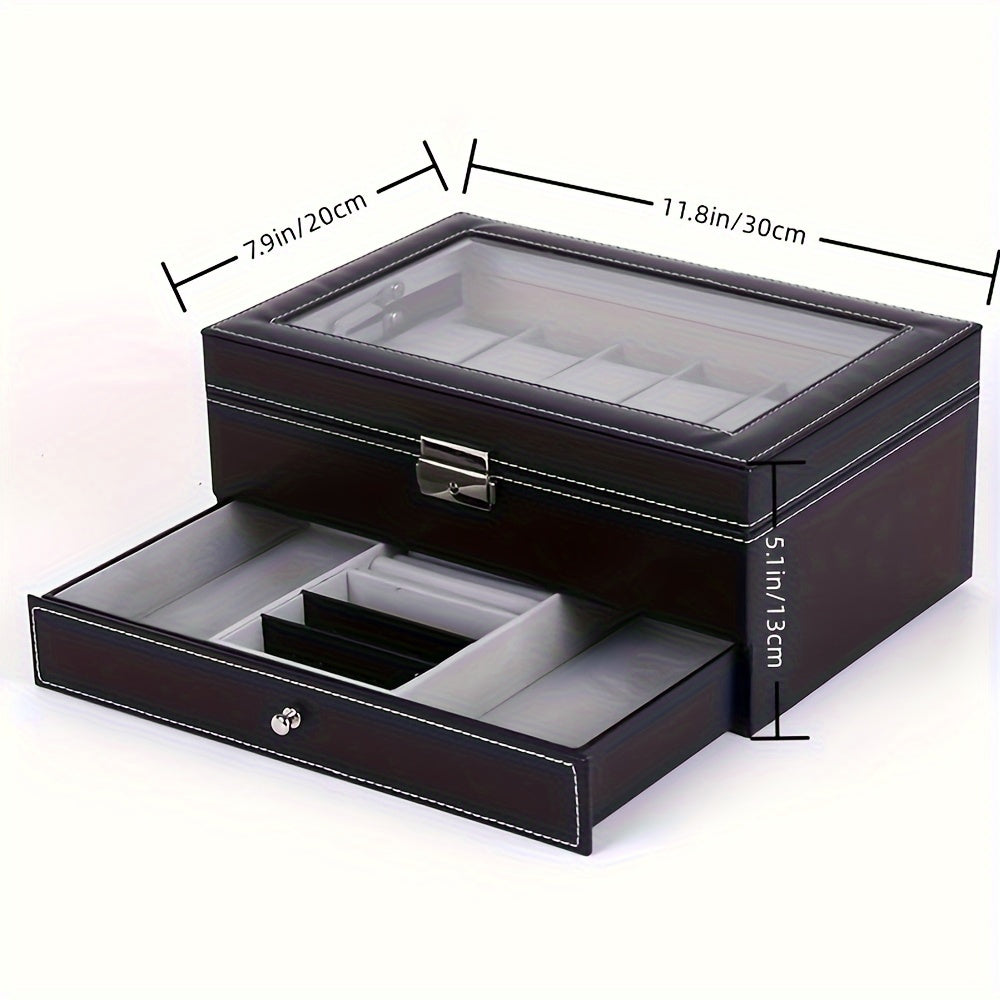 A 12-Compartment Faux Leather Watch Storage Box That Locks, Suitable for Both Men'S And Women'S Jewelry, Featuring Drawers And a Two-Tier Design with a Glass Top for Displaying Watches And Glasses
