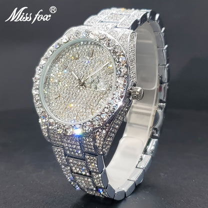 Men's Business Iced Rhinestone Quartz Watch – Classic Luxury Bling Wristwatch with Calendar, Zinc Alloy Band, Elegant Gift for Him