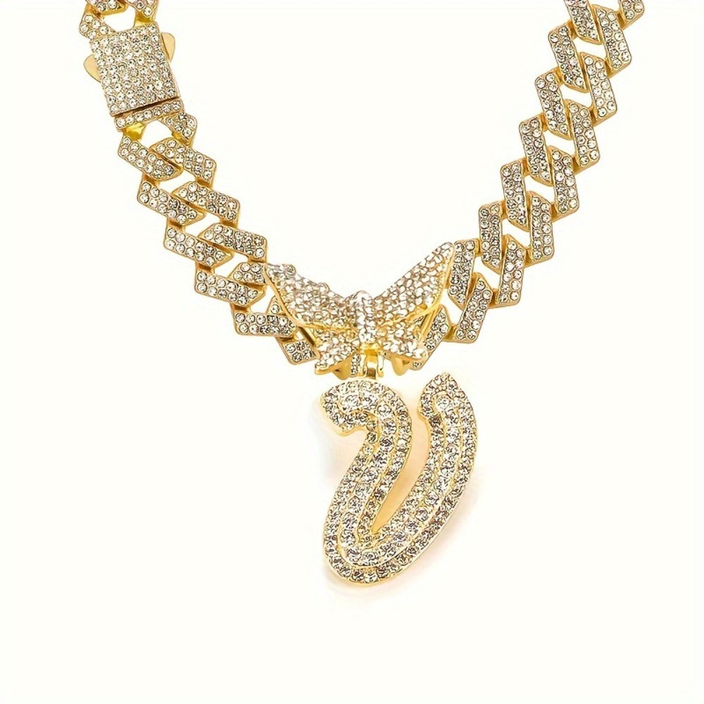 Cuban Link Chain Necklace - Initial Letter for Men Women - with Butterfly Alphabet Pendant A-Z, Gold & - product detail view