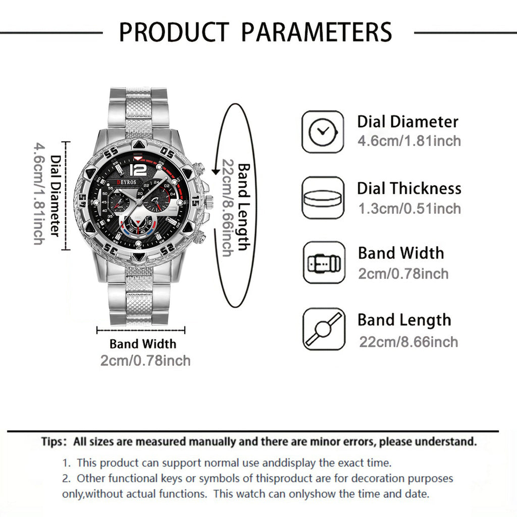 [Sporty Watch Set] 3pcs Men'S Quartz Watch Set Men'S Bracelet Men'S Necklace Stainless Steel Bracelet Set Casual Watch for Men