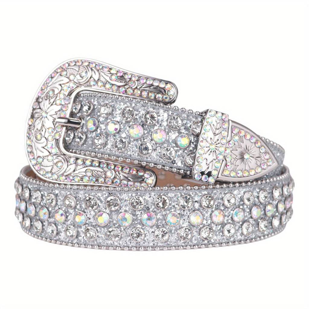 Silvery Sparkle Rhinestone Belts Women'S Luxury Bling Bling Carved Buckle Belt Punk Cowgirl Cowboy Crystal Studded Belts for Jeans